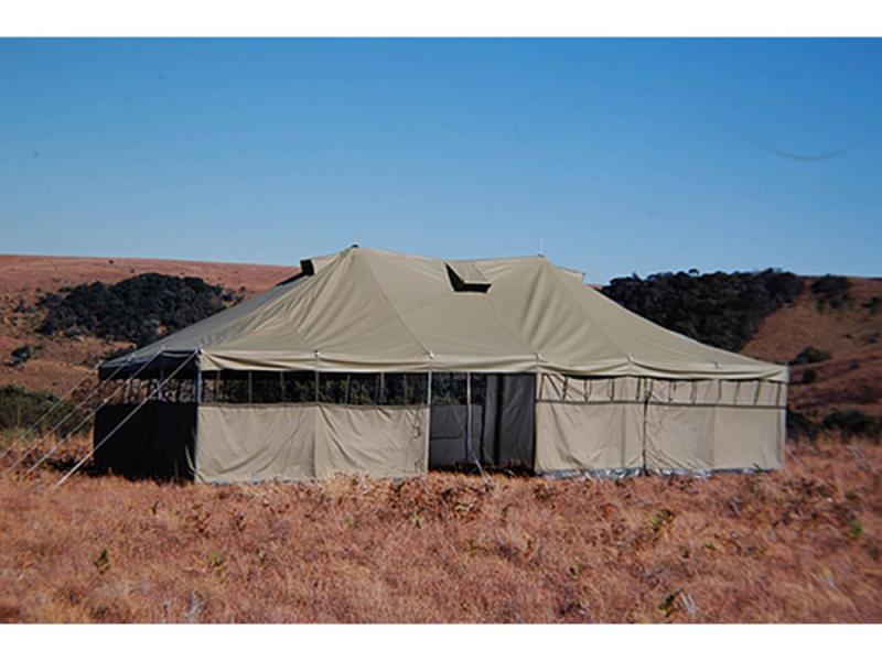 Capacity 24 Person Open size 5000 x 10000 cm Packed dimensions 1000 x 500 x 220 cm Fabric Ripstop canvas Frame Steel Frame Roof 550 GSM – heavy duty Walls 450 GSM – medium duty Floor Optional PVC groundsheet Features Free-standing roof with six detachable walls, All seams are taped to prevent leakage, Reinforced steel pegs, Wall poles have water tight sea, Bracing lines, Multipurpose, 550 mm water column, 18 wall poles, Two center poles